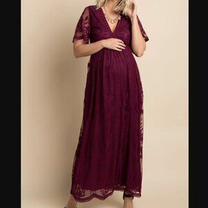 Pinkblush Burgundy Lace Mesh Overlay Maternity Maxi Dress Sz Small